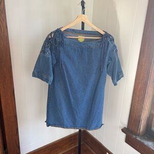 Anthropologie Maeve Denim Mini Shift Dress Country Lace Up Shoulders Women’s S